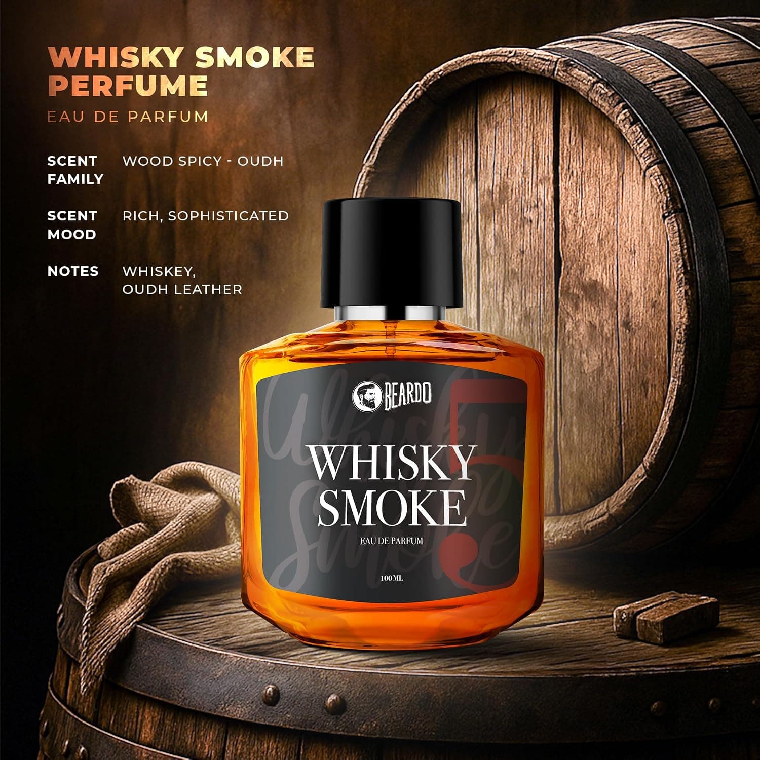 ادوپرفیوم مردانه Beardo مدل Whisky Smoke رایحه ادویهای، چوبی، چرمی، صندل-عود 100ml ادوپرفیوم مردانه Beardo مدل Whisky Smoke رایحه ادویهای، چوبی، چرمی، صندل-عود 100ml