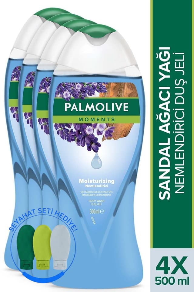ژل حمام و دوش مرطوبکننده Palmolive Moments با روغن چوب صندل و اسطوخودوس 500 ml x4 + کیت سفری ژل حمام و دوش مرطوبکننده Palmolive Moments با روغن چوب صندل و اسطوخودوس 500 ml x4 + کیت سفری