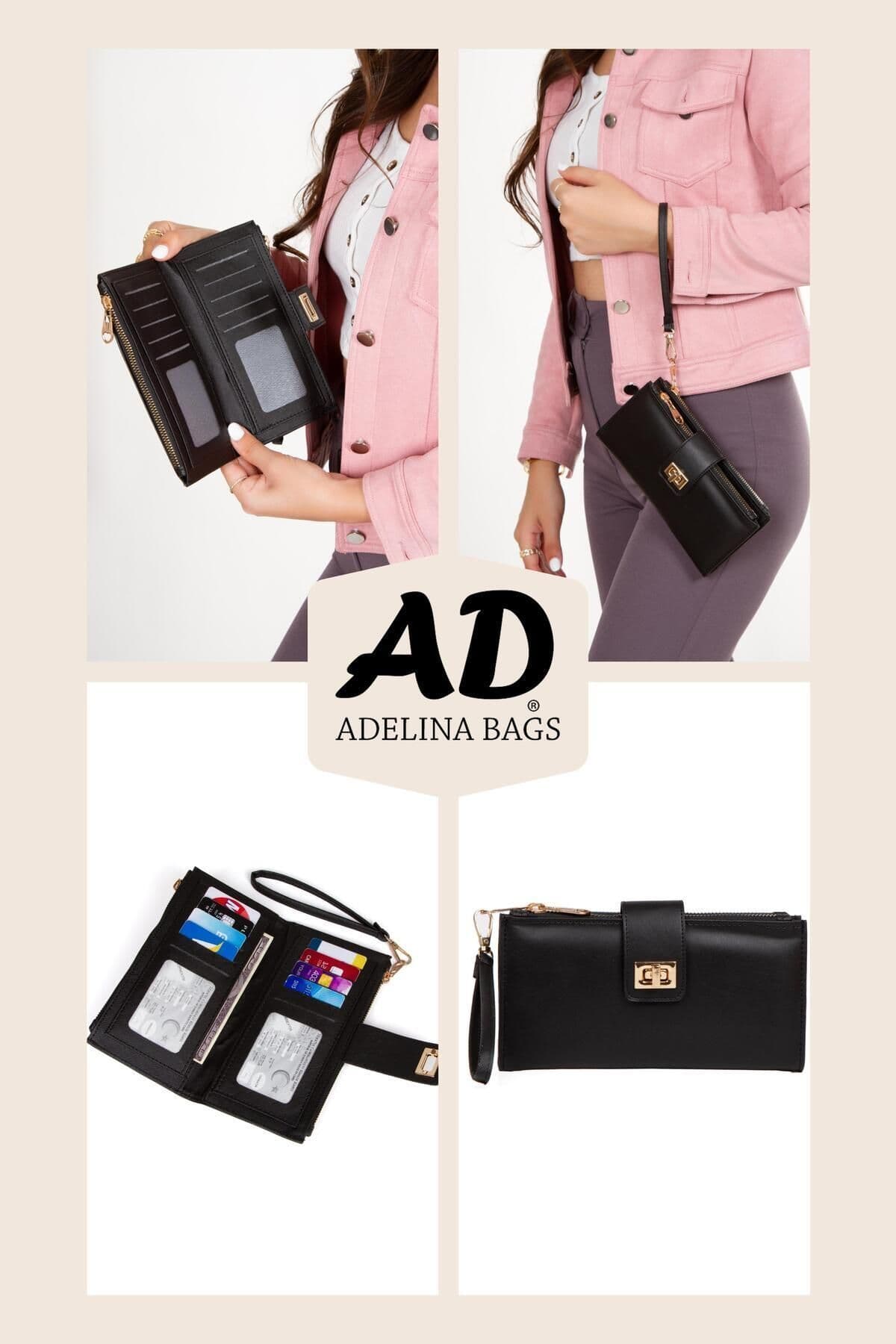 کیف پول پورتفویی زنانه Adelina Bags مشکی Venesia کاغذی با محفظه کارت و سکه، قفلدار و بند مچی کیف پول پورتفویی زنانه Adelina Bags مشکی Venesia کاغذی با محفظه کارت و سکه، قفلدار و بند مچی