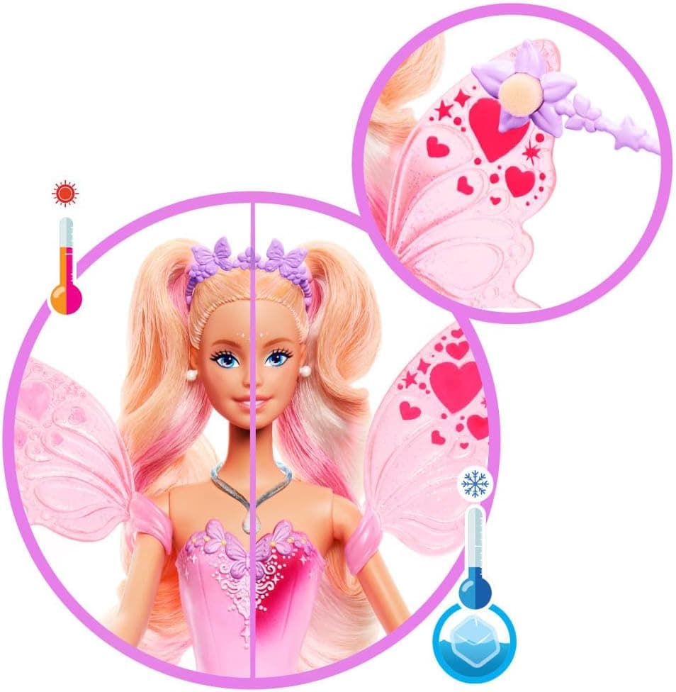 عروسک فانتزی Barbie با چوب جادویی و لوازم جانبی، بالها و لباس تغییررنگدهنده عروسک فانتزی Barbie با چوب جادویی و لوازم جانبی، بالها و لباس تغییررنگدهنده