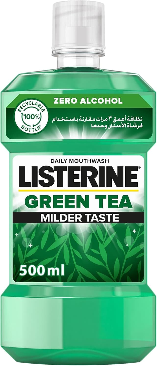 دهان شویه Listerine با طعم چای سبز بدون الکل طعم ملایم 500ml دهان شویه Listerine با طعم چای سبز بدون الکل طعم ملایم 500ml
