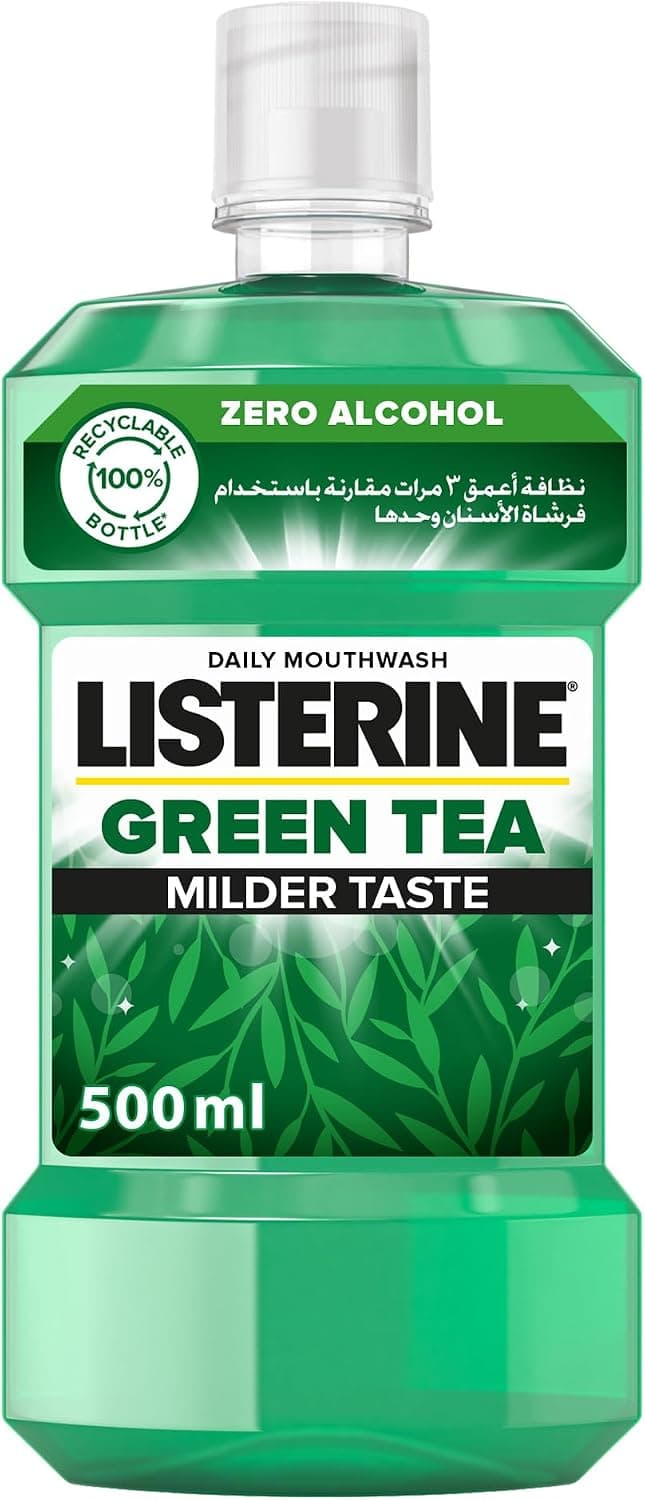 دهان شویه Listerine با طعم چای سبز بدون الکل طعم ملایم 500ml دهان شویه Listerine با طعم چای سبز بدون الکل طعم ملایم 500ml