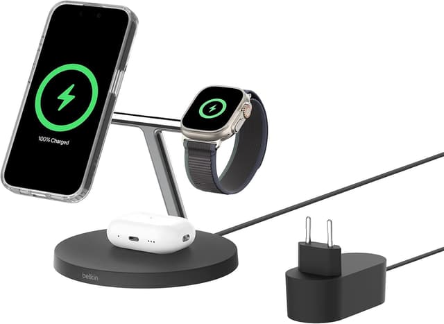 شارژر بیسیم ۳ در ۱ Belkin BoostCharge با Qi2 و MagSafe مشکی شارژر بیسیم ۳ در ۱ Belkin BoostCharge با Qi2 و MagSafe مشکی