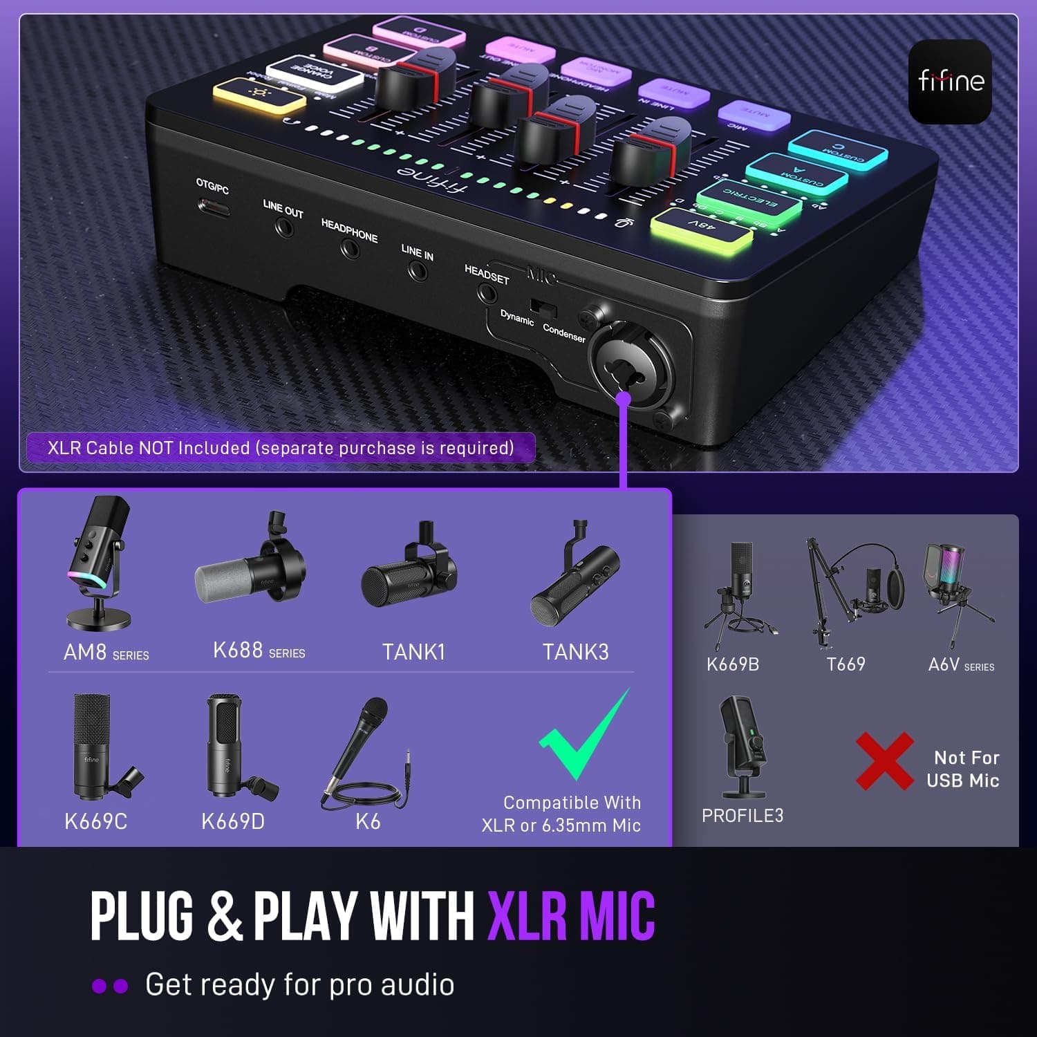 میکسر صوتی گیمینگ FIFINE مدل Ampligame SC3 با رابط میکروفون XLR میکسر صوتی گیمینگ FIFINE مدل Ampligame SC3 با رابط میکروفون XLR