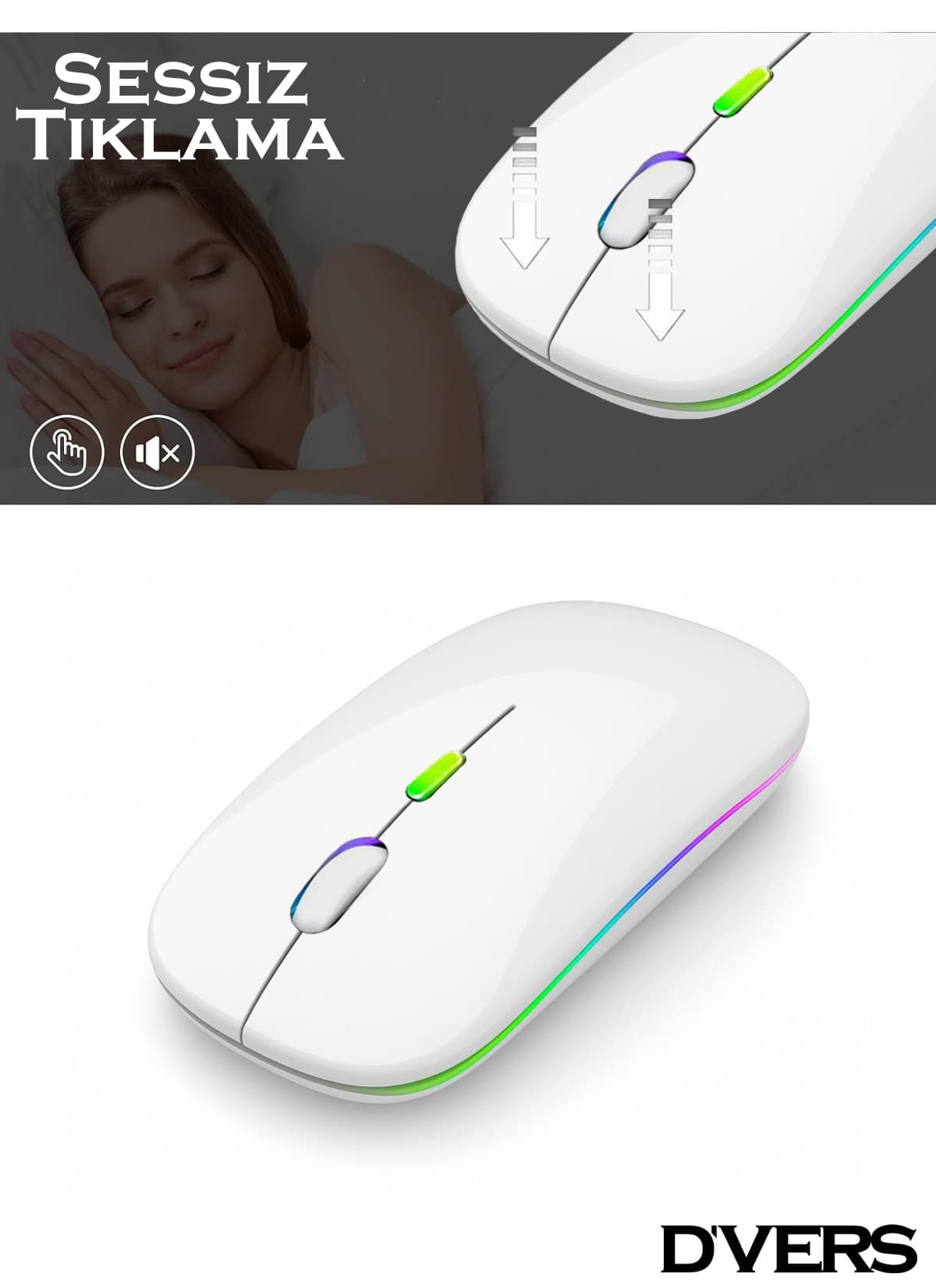 ماوس بیسیم D'VERS فوق نازک سفید شارژی USB 2.4GHz RGB LED 800/1200/1600dpi ماوس بیسیم D'VERS فوق نازک سفید شارژی USB 2.4GHz RGB LED 800/1200/1600dpi