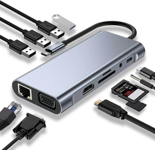 هاب USB C SZPACMATE یازدهکاره با HDMI 4K، VGA، USB 3.0، PD Type-C، Ethernet گیگابیتی RJ45، کارتخوان SD/TF و AUX 3.5 میلیمتری هاب USB C SZPACMATE یازدهکاره با HDMI 4K، VGA، USB 3.0، PD Type-C، Ethernet گیگابیتی RJ45، کارتخوان SD/TF و AUX 3.5 میلیمتری