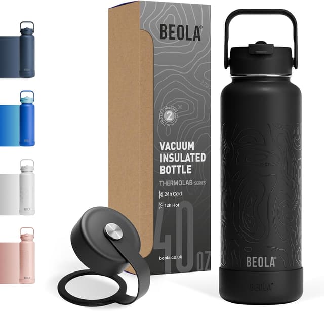 بطری آب ورزشی BEOLA استیل ضدزنگ دوجداره عایقدار 1200ml با دهانهگشاد و 2 درپوش نیدار، 40oz مشکی کوهستانی بطری آب ورزشی BEOLA استیل ضدزنگ دوجداره عایقدار 1200ml با دهانهگشاد و 2 درپوش نیدار، 40oz مشکی کوهستانی
