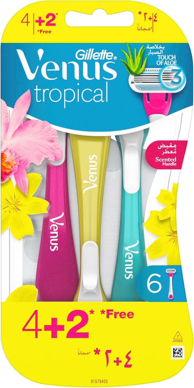 تیغ یکبار مصرف زنانه Gillette Venus با دسته معطر Tropical بسته 4+2 عددی تیغ یکبار مصرف زنانه Gillette Venus با دسته معطر Tropical بسته 4+2 عددی
