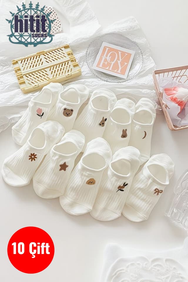 جوراب کالج نامرئی زنانه Hitit Socks طرح گل و حیوان سفید شکری 10 جفت جوراب کالج نامرئی زنانه Hitit Socks طرح گل و حیوان سفید شکری 10 جفت
