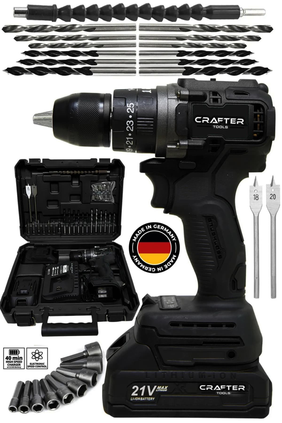 ست دریل شارژی چکشی CRAFTERTOOLS با موتور براشلس و سهنظام فولادی 21v مشکی مدل Alt103 ست دریل شارژی چکشی CRAFTERTOOLS با موتور براشلس و سهنظام فولادی 21v مشکی مدل Alt103