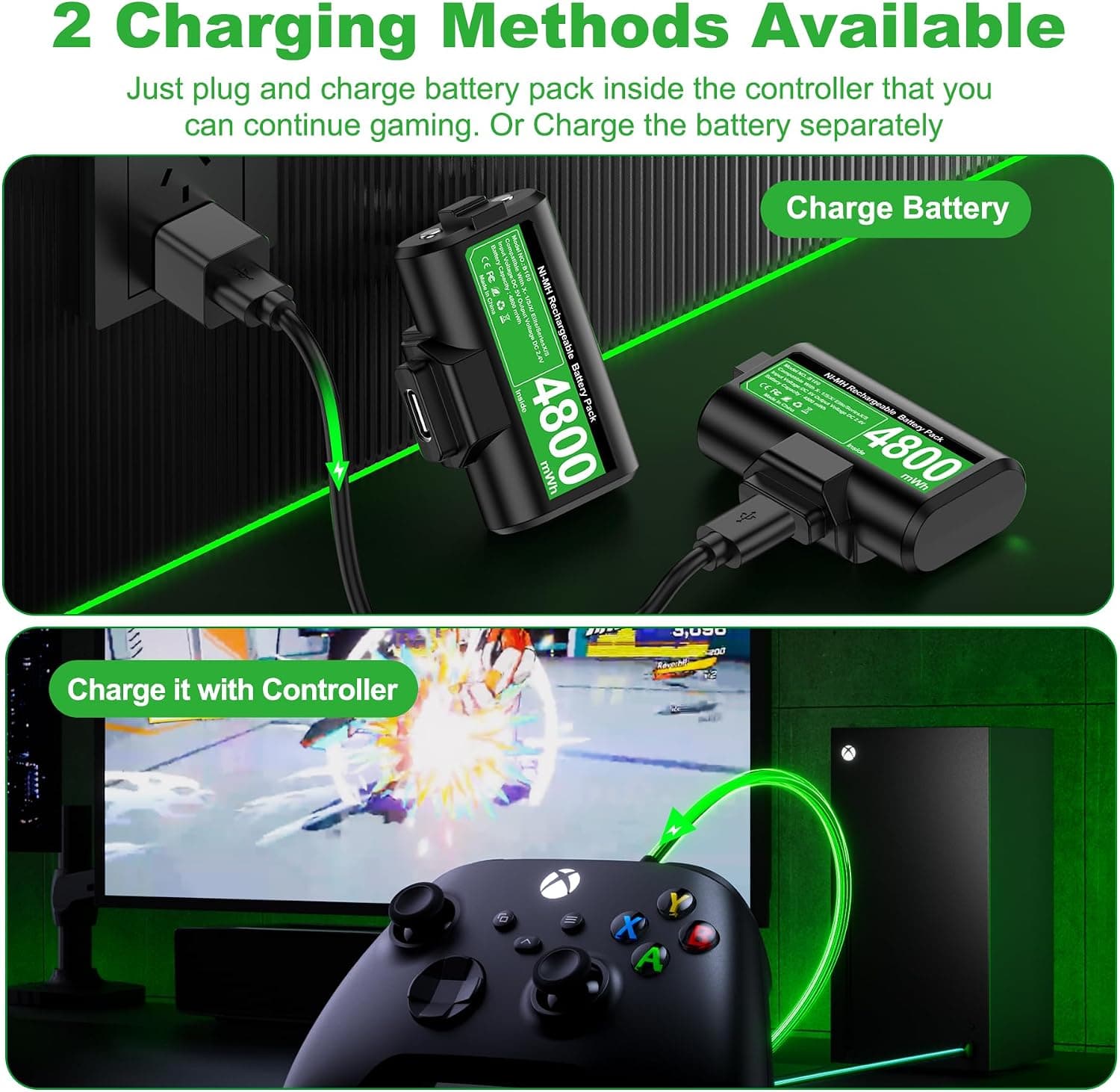 بسته باتری قابل شارژ کنترلر Xbox One/Xbox Series X|S برند HEYLICOOL با نشانگر LED، 2×4800mWh بسته باتری قابل شارژ کنترلر Xbox One/Xbox Series X|S برند HEYLICOOL با نشانگر LED، 2×4800mWh