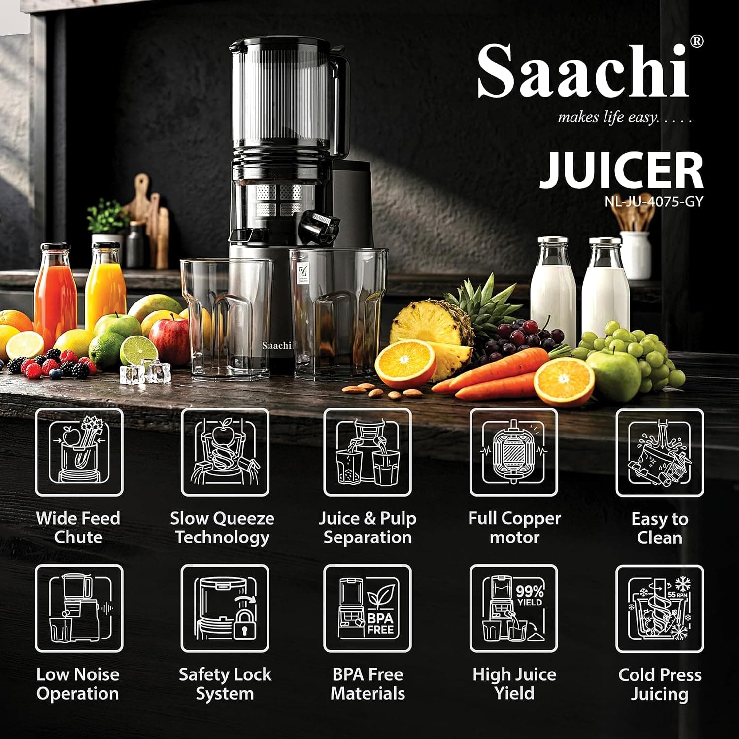 آبمیوهگیری آهسته Saachi با موتور تمام مسی مدل NL-JU-4075-GY آبمیوهگیری آهسته Saachi با موتور تمام مسی مدل NL-JU-4075-GY