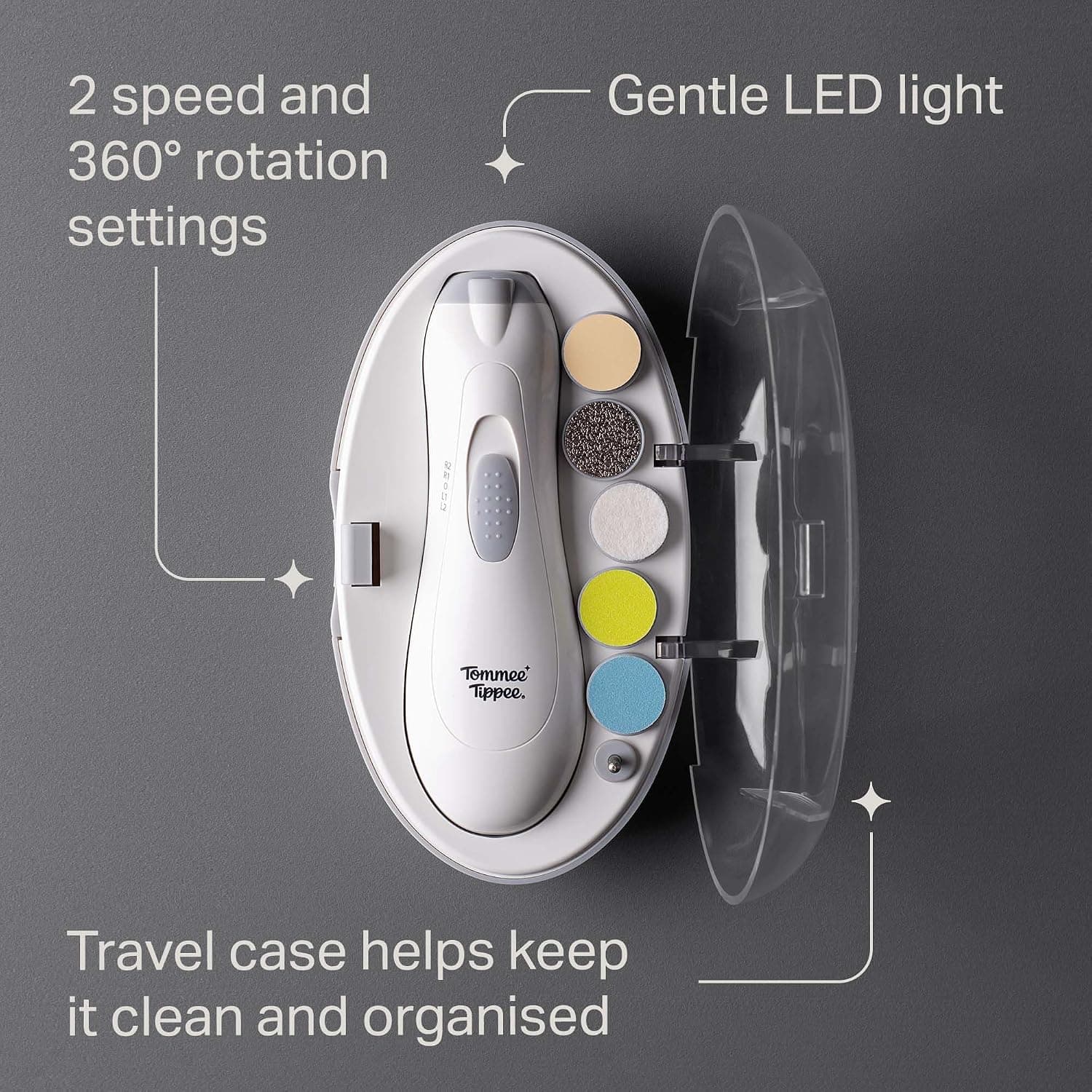 سوهان برقی ناخن نوزاد Tommee Tippee با چراغ LED و شش سری برای نوزادان و بزرگسالان سوهان برقی ناخن نوزاد Tommee Tippee با چراغ LED و شش سری برای نوزادان و بزرگسالان
