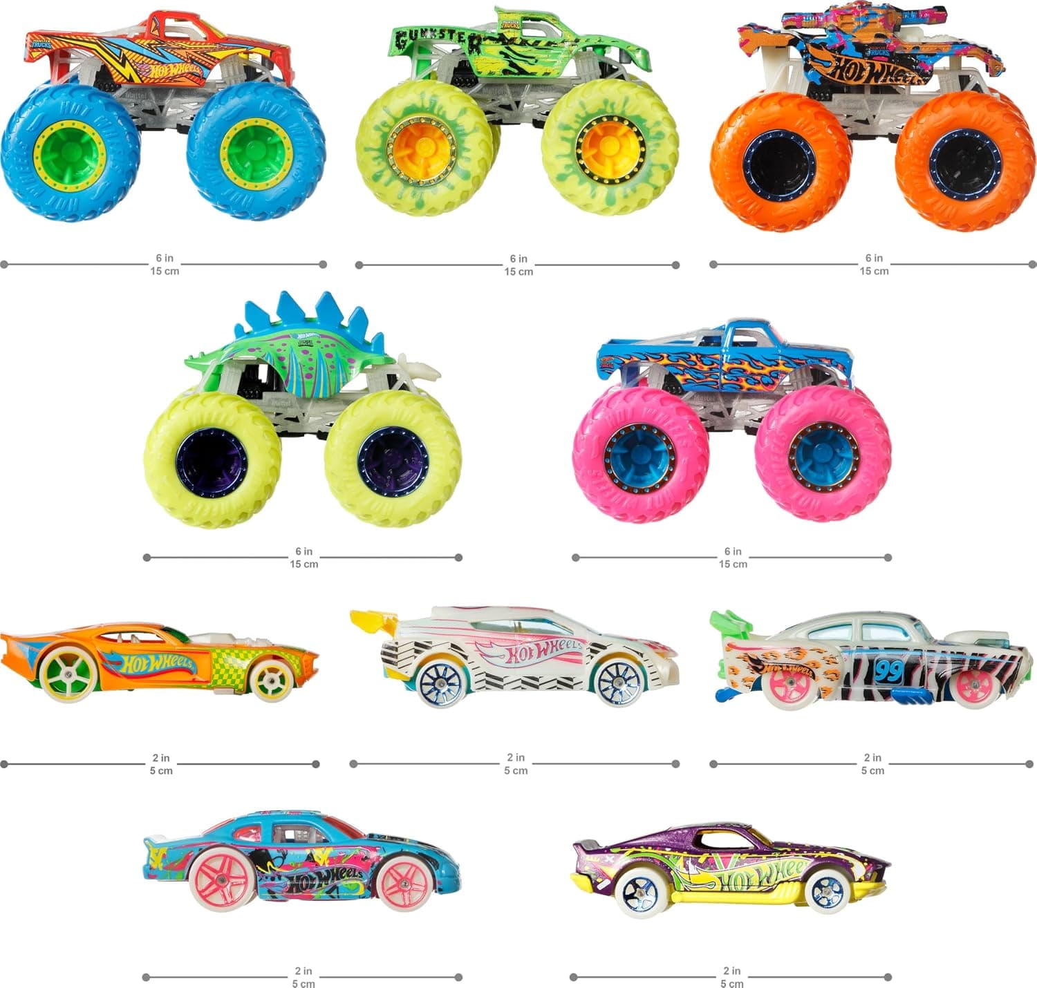 مجموعه ۱۰تایی خودروهای اسباببازی کودکان ۴ تا ۸ سال Hot Wheels شبتاب شامل ۵ Monster Trucks و ۵ خودروی 1:64 مجموعه ۱۰تایی خودروهای اسباببازی کودکان ۴ تا ۸ سال Hot Wheels شبتاب شامل ۵ Monster Trucks و ۵ خودروی 1:64