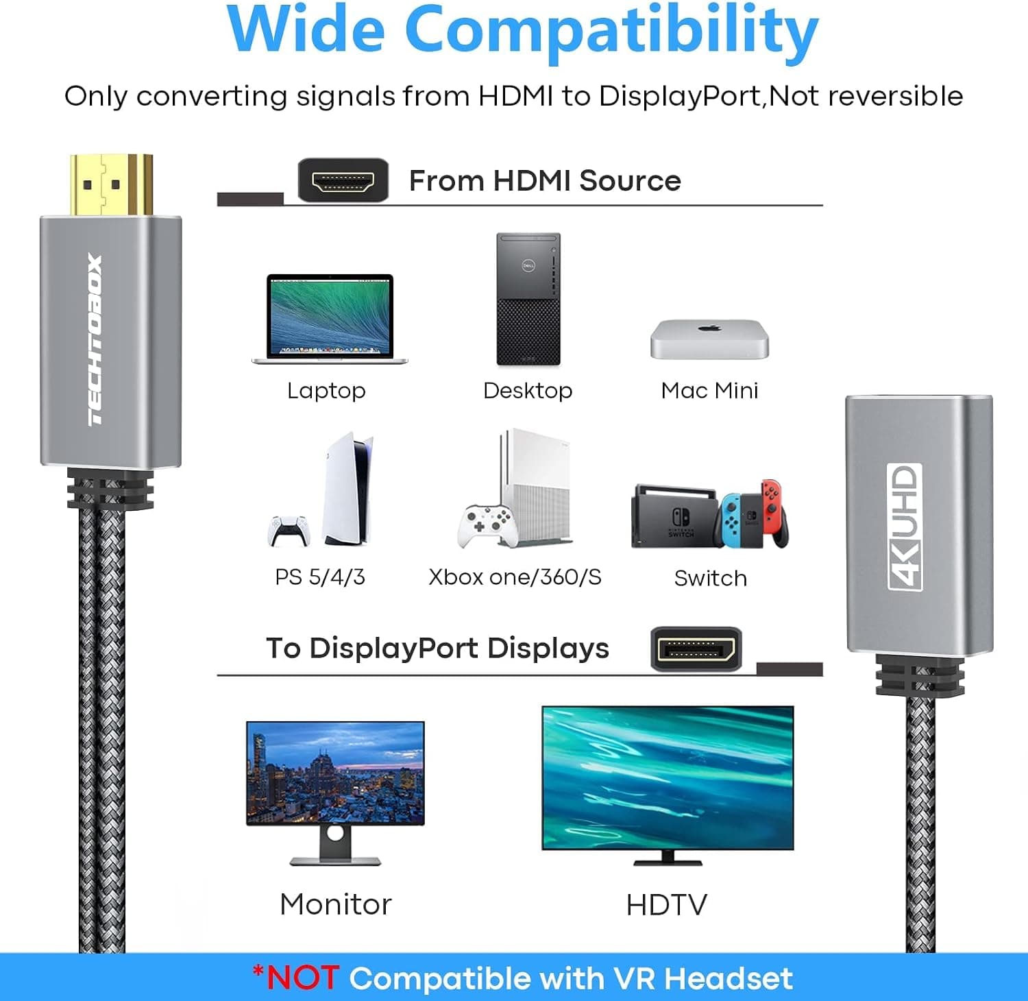 مبدل HDMI به DisplayPort TECHTOBOX با روکش بافتهشده 4K60Hz، HDMI نری به DisplayPort مادگی مبدل HDMI به DisplayPort TECHTOBOX با روکش بافتهشده 4K60Hz، HDMI نری به DisplayPort مادگی