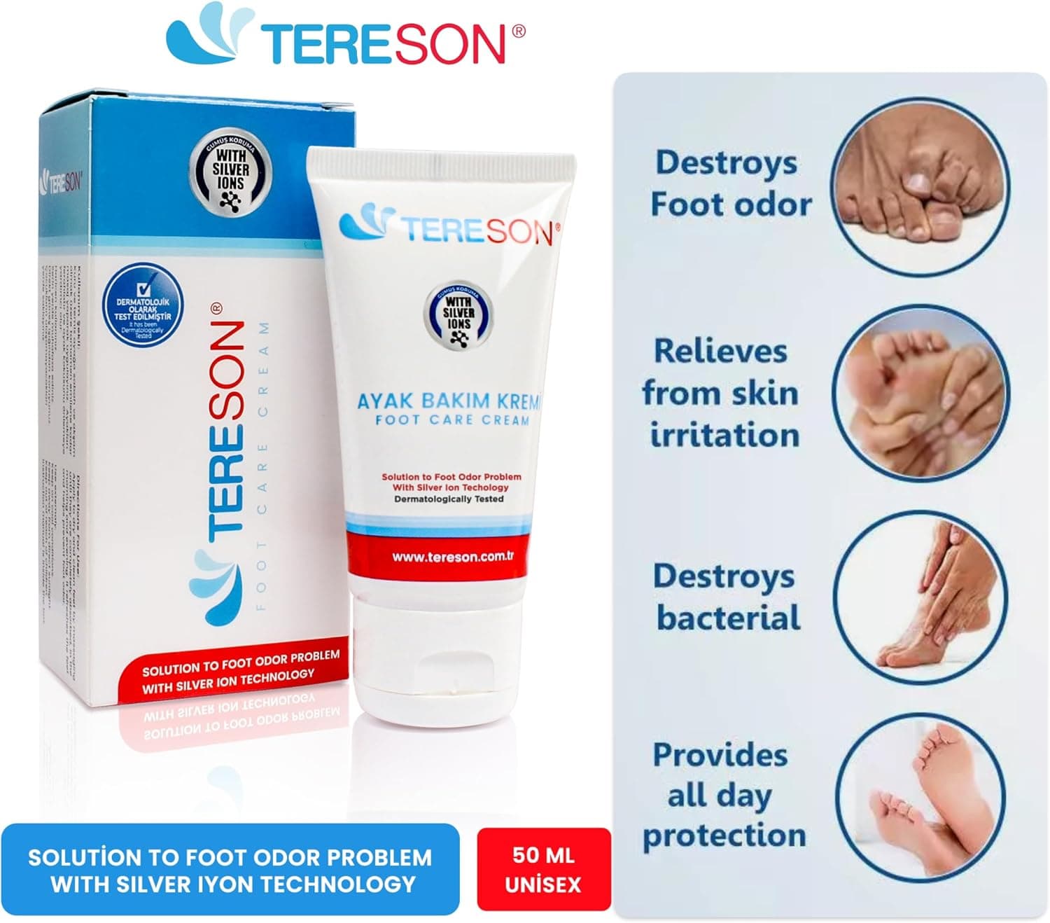 کرم مراقبت از پا Tereson ضد بو با محافظ یون نقره 50ml کرم مراقبت از پا Tereson ضد بو با محافظ یون نقره 50ml