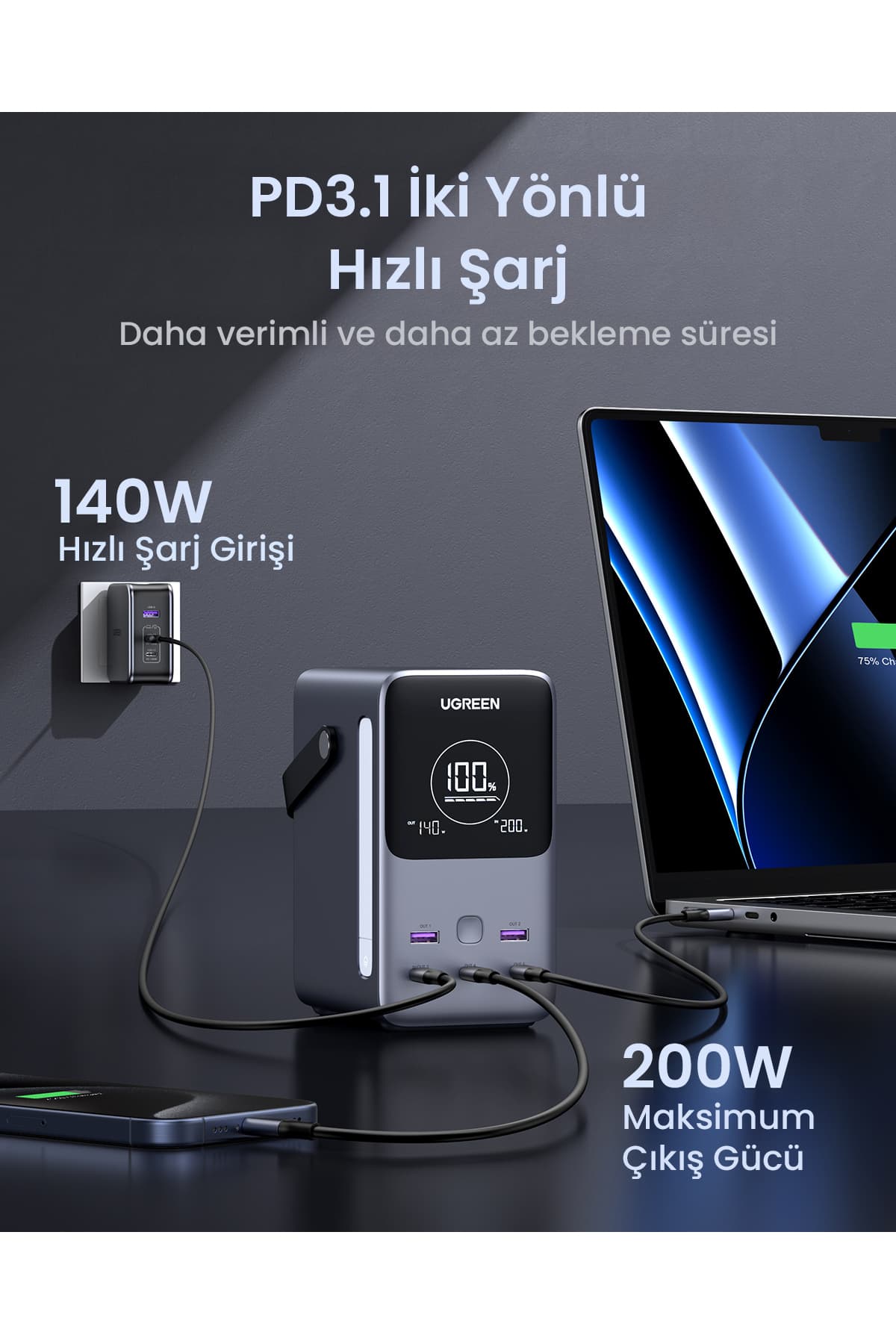 ایستگاه شارژ Ugreen پنجپورته 48.000 mAh با توان 300W، 3xUSB-C و 2xUSB-A، خاکستری فضایی مدل 25286 ایستگاه شارژ Ugreen پنجپورته 48.000 mAh با توان 300W، 3xUSB-C و 2xUSB-A، خاکستری فضایی مدل 25286