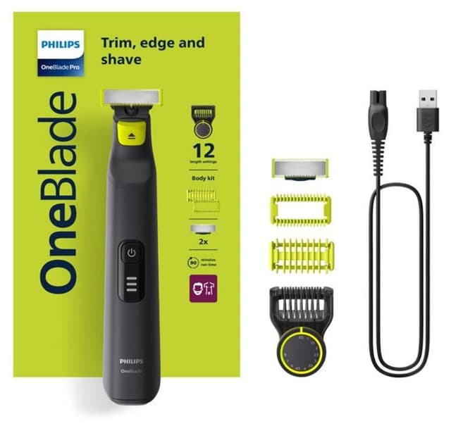 ماشین اصلاح صورت و بدن Philips OneBlade Pro، اصلاح خشک و مرطوب، 12 تنظیم طول، 1 تیغه یدک، مدل QP6542/10 ماشین اصلاح صورت و بدن Philips OneBlade Pro، اصلاح خشک و مرطوب، 12 تنظیم طول، 1 تیغه یدک، مدل QP6542/10