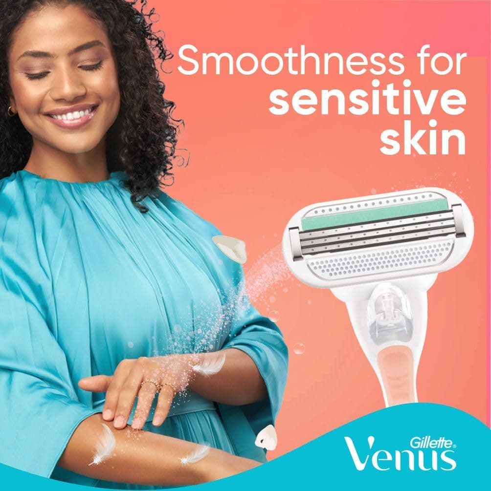 تیغ اصلاح زنانه Gillette Venus Smooth Sensitive قابل تعویض با 1 دسته و 2 تیغ یدکی تیغ اصلاح زنانه Gillette Venus Smooth Sensitive قابل تعویض با 1 دسته و 2 تیغ یدکی
