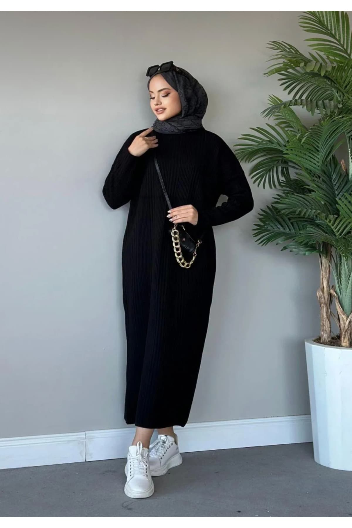 پیراهن بافت Gülce moda شیاردار مشکی پیراهن بافت Gülce moda شیاردار مشکی