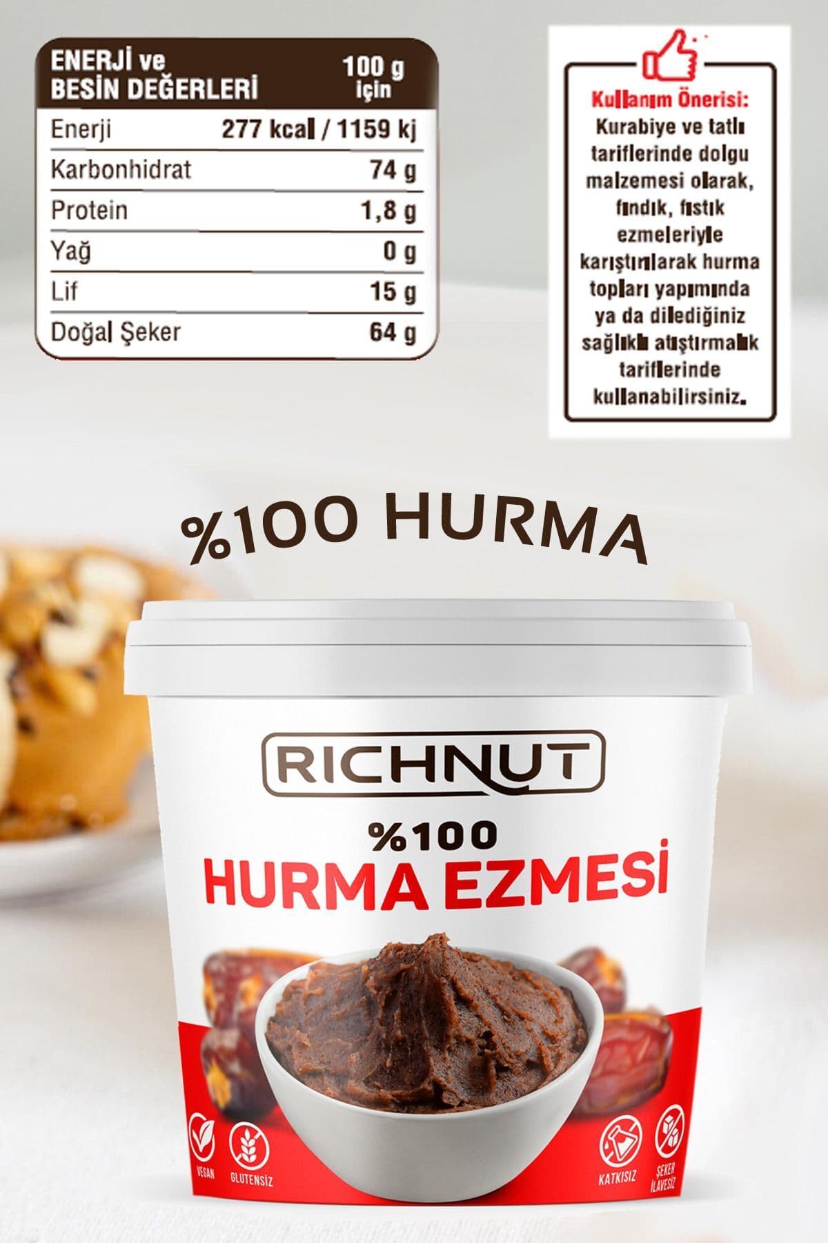 خمیر خرمای طبیعی RİCHNUT بدون افزودنی، پوره 100% خرما 1 Kg خمیر خرمای طبیعی RİCHNUT بدون افزودنی، پوره 100% خرما 1 Kg