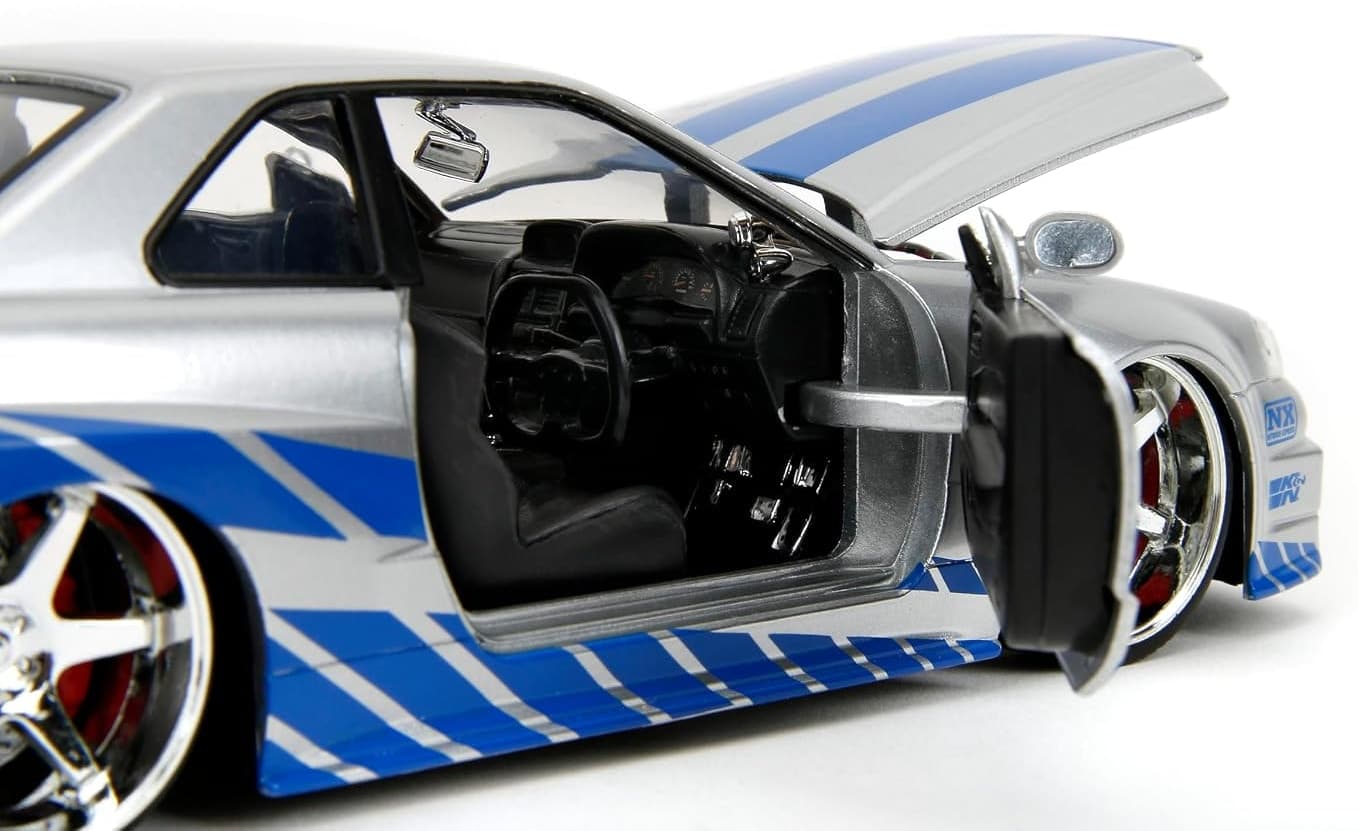 ماشین فلزی Jada از مجموعه Fast & Furious مدل 2002 Nissan Skyline R34، مقیاس 1:24، نقرهای و آبی ماشین فلزی Jada از مجموعه Fast & Furious مدل 2002 Nissan Skyline R34، مقیاس 1:24، نقرهای و آبی