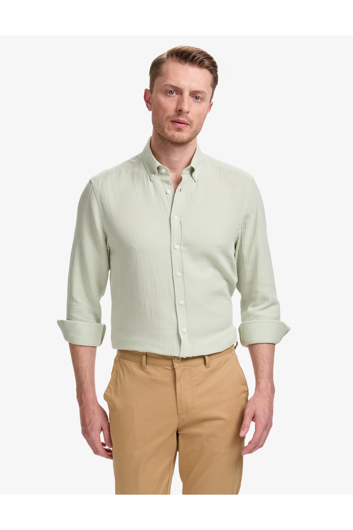 پیراهن آستینبلند Pierre Cardin سبزآبی بافتدار فیت معمولی مدل 50325371-VR048