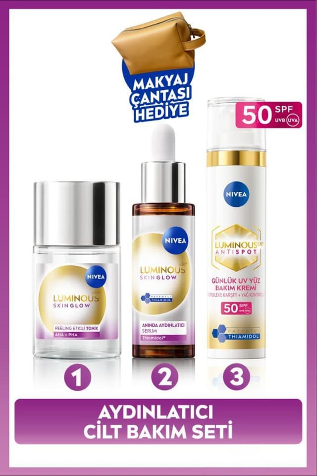 ست مراقبت از پوست صورت NIVEA شامل کرم ضدلک SPF50 Luminous630 40ml، سرم روشنکننده 30ml و تونر 100ml با کیف هدیه ست مراقبت از پوست صورت NIVEA شامل کرم ضدلک SPF50 Luminous630 40ml، سرم روشنکننده 30ml و تونر 100ml با کیف هدیه