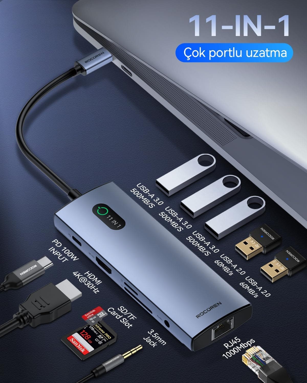 هاب USB یازدهپورته Rocoren با HDMI 4K 30Hz، Gigabit Ethernet، کارتخوان SD و TF و جک 3.5mm هاب USB یازدهپورته Rocoren با HDMI 4K 30Hz، Gigabit Ethernet، کارتخوان SD و TF و جک 3.5mm