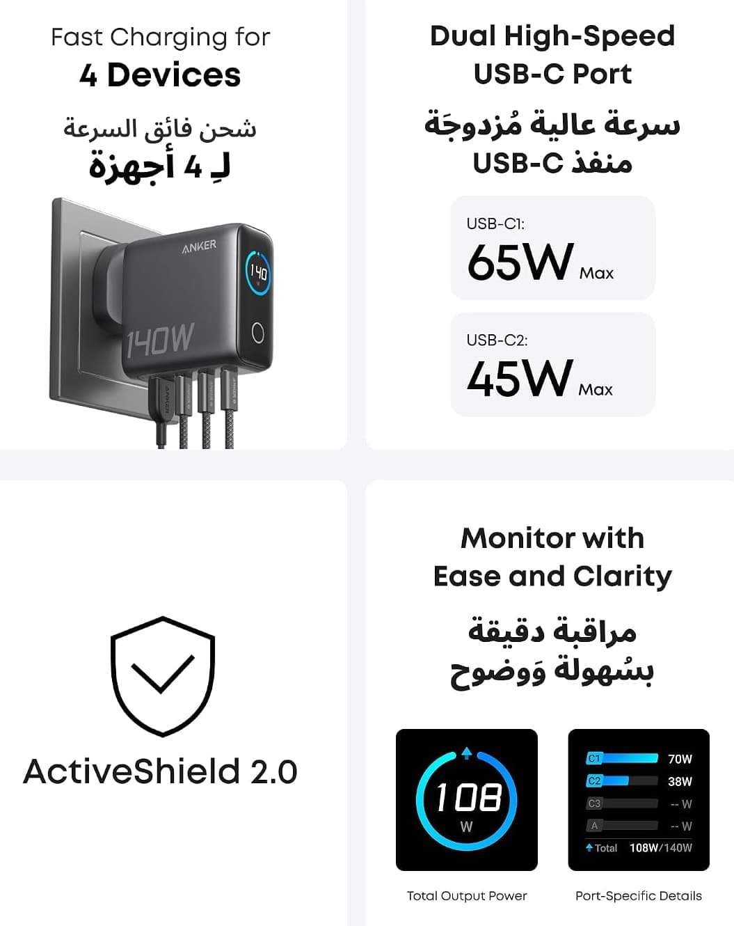 شارژر Anker 140 وات 4 پورت GaN USB-C نمایشگر هوشمند کابل 1.5 متری شارژر Anker 140 وات 4 پورت GaN USB-C نمایشگر هوشمند کابل 1.5 متری