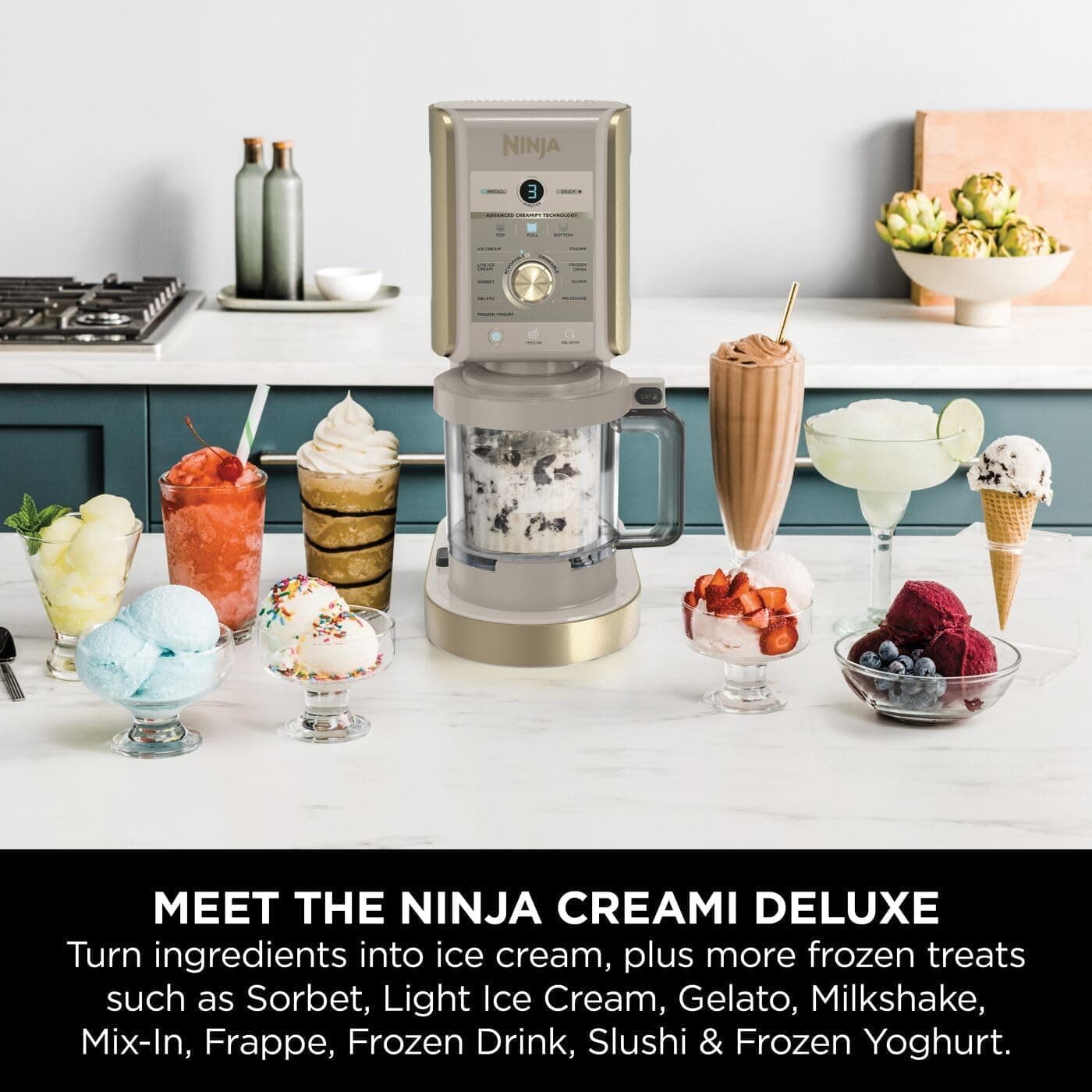 دستگاه بستنی ساز NINJA CREAMi Deluxe با ۳ ظرف طلایی سنگی مدل NC501UKSTGD دستگاه بستنی ساز NINJA CREAMi Deluxe با ۳ ظرف طلایی سنگی مدل NC501UKSTGD