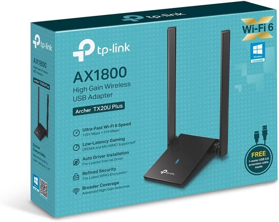 آداپتور USB بیسیم TP-Link دوآنتنه با بهره بالا، AX1800 Mbps، کابل 1 متری USB 3.0، Beamforming، MU-MIMO، WPA3 مدل Archer TX20U Plus آداپتور USB بیسیم TP-Link دوآنتنه با بهره بالا، AX1800 Mbps، کابل 1 متری USB 3.0، Beamforming، MU-MIMO، WPA3 مدل Archer TX20U Plus
