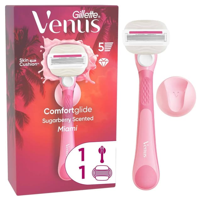 دستگاه اصلاح زنانه ۵ تیغه Gillette Venus با رایحه Sugarberry و ComfortGlide مدل Miami دستگاه اصلاح زنانه ۵ تیغه Gillette Venus با رایحه Sugarberry و ComfortGlide مدل Miami