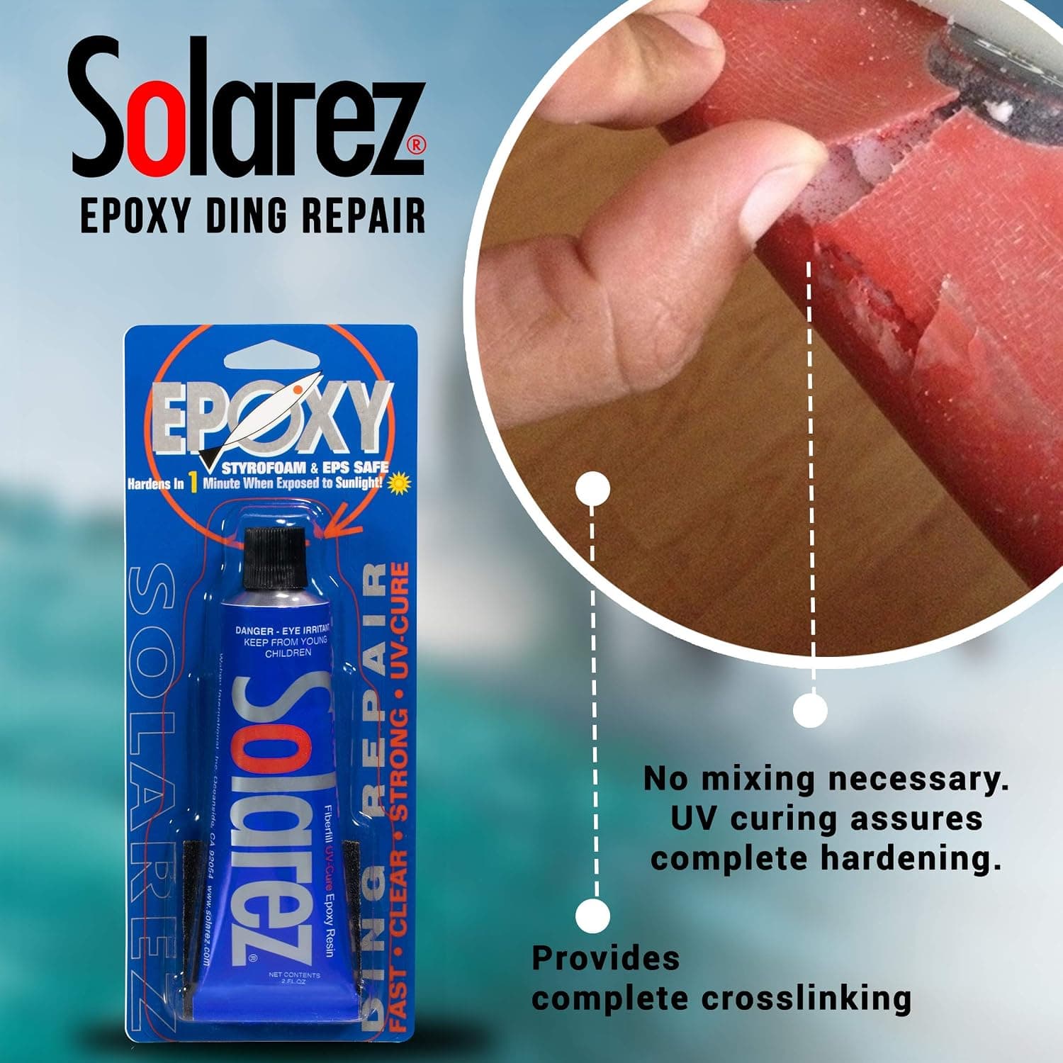 رزین ترمیمی اپوکسی تخته پارویی SUP و تخته موجسواری SOLAREZ خشکشونده با UV، 2 oz همراه پد سنباده 60/40 grit رزین ترمیمی اپوکسی تخته پارویی SUP و تخته موجسواری SOLAREZ خشکشونده با UV، 2 oz همراه پد سنباده 60/40 grit