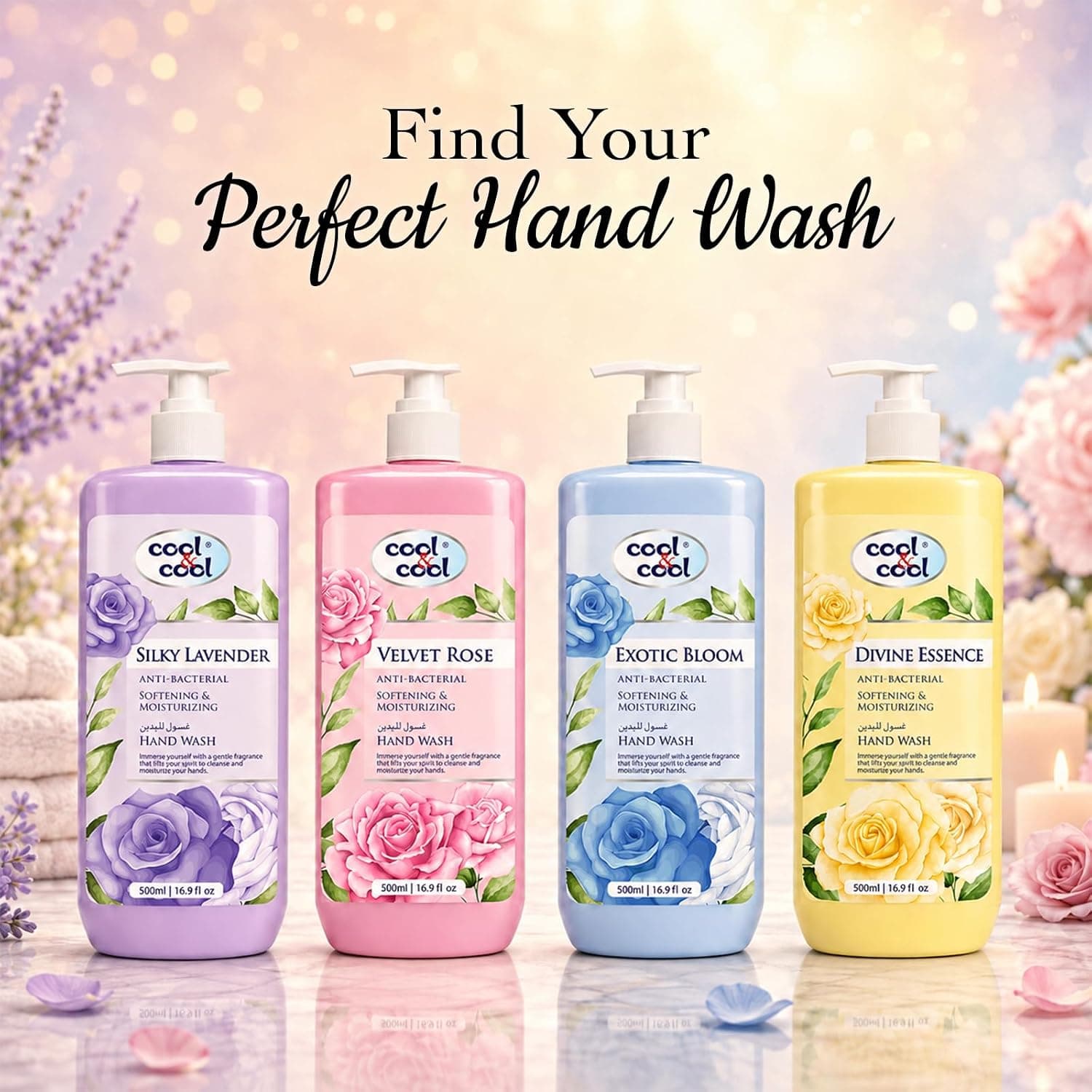 مایع دستشویی دوقلو Cool & Cool با رایحه Divine Essence و Exotic Bloom، آنتیباکتریال و نرمکننده پوست 500Ml x 2، 1Liter مایع دستشویی دوقلو Cool & Cool با رایحه Divine Essence و Exotic Bloom، آنتیباکتریال و نرمکننده پوست 500Ml x 2، 1Liter