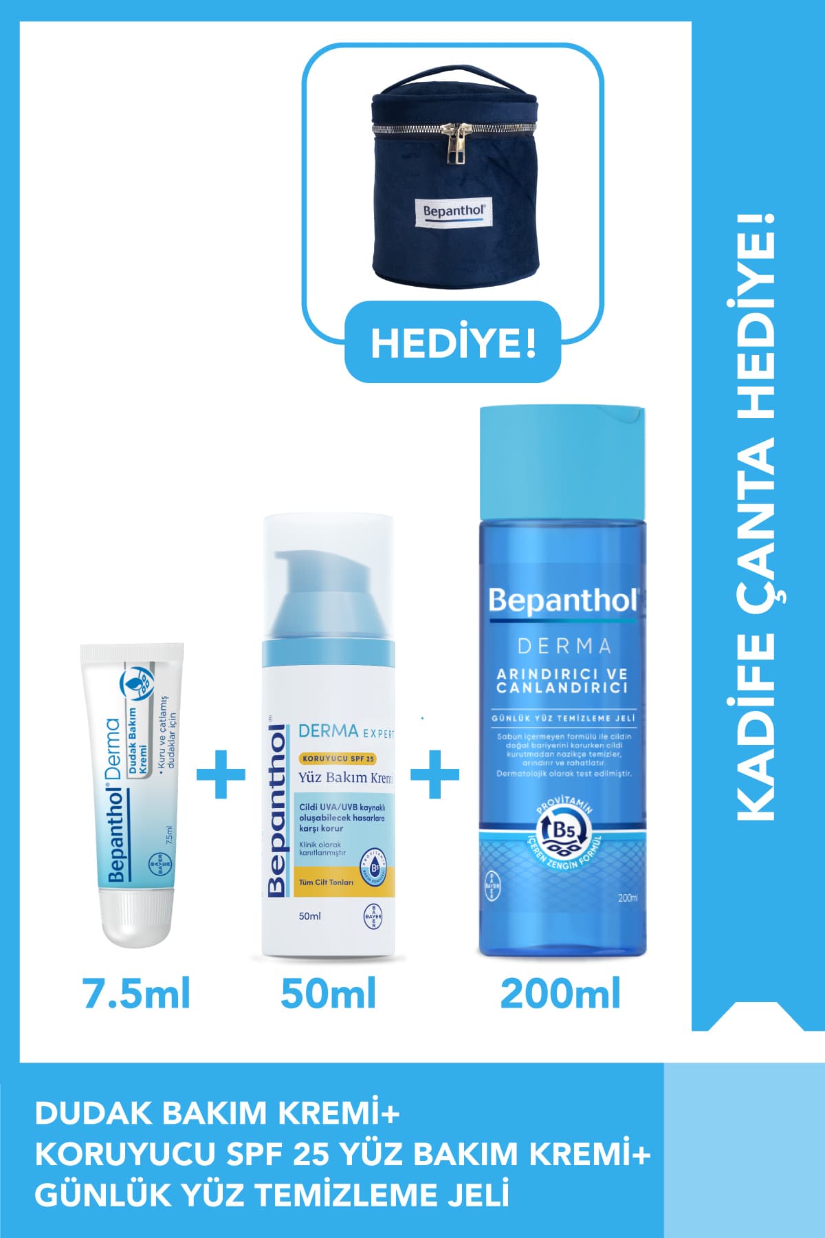 ست مراقبت از پوست Bepanthol شامل کرم صورت SPF 50ml، ژل پاککننده 200ml، کرم لب 7.5ml و کیف مخملی ست مراقبت از پوست Bepanthol شامل کرم صورت SPF 50ml، ژل پاککننده 200ml، کرم لب 7.5ml و کیف مخملی