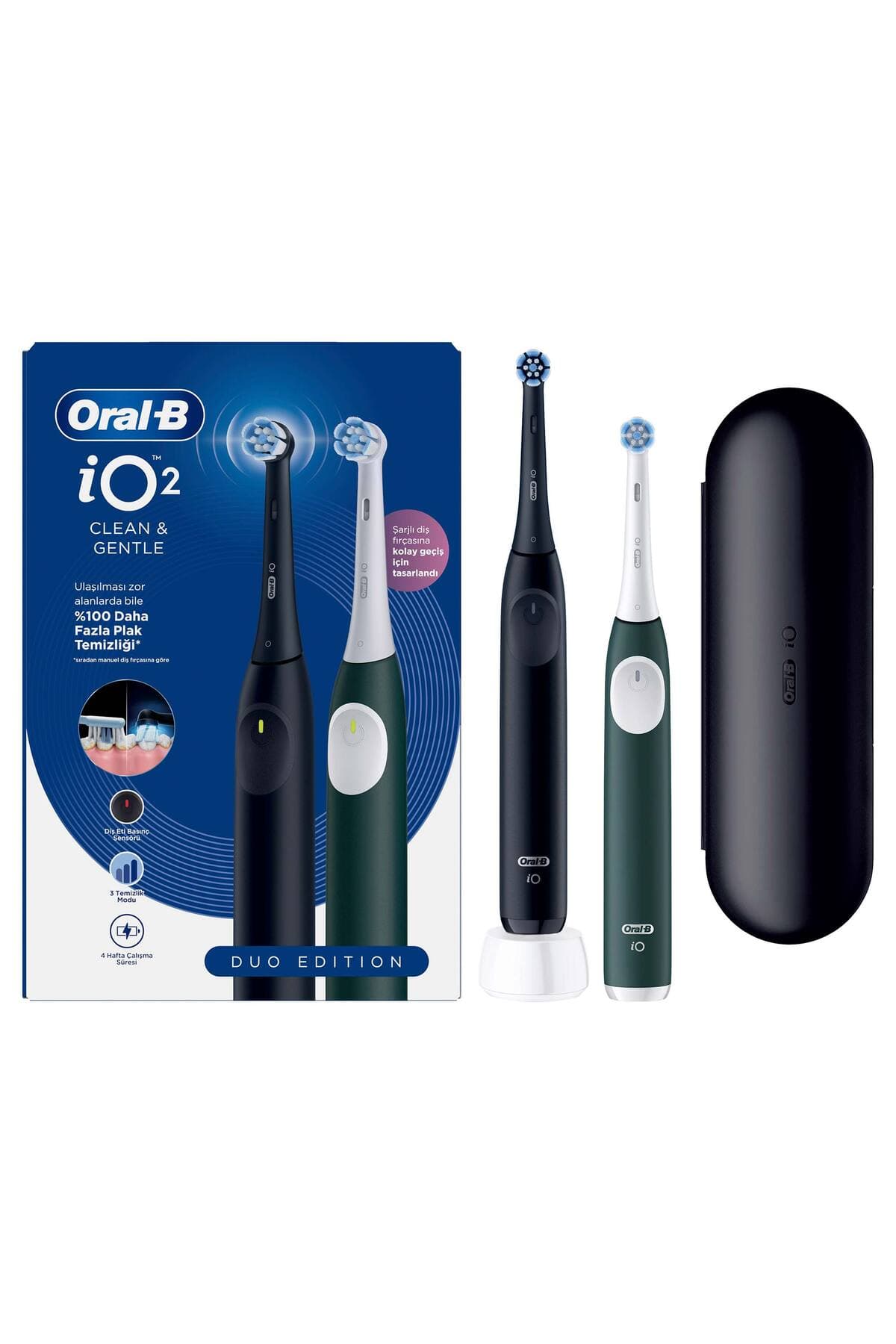 مسواک برقی Oral-B ست ۲ عددی مشکی و سبز جنگلی با ۲ سری مسواک و کیف مسافرتی مدل iO2 مسواک برقی Oral-B ست ۲ عددی مشکی و سبز جنگلی با ۲ سری مسواک و کیف مسافرتی مدل iO2
