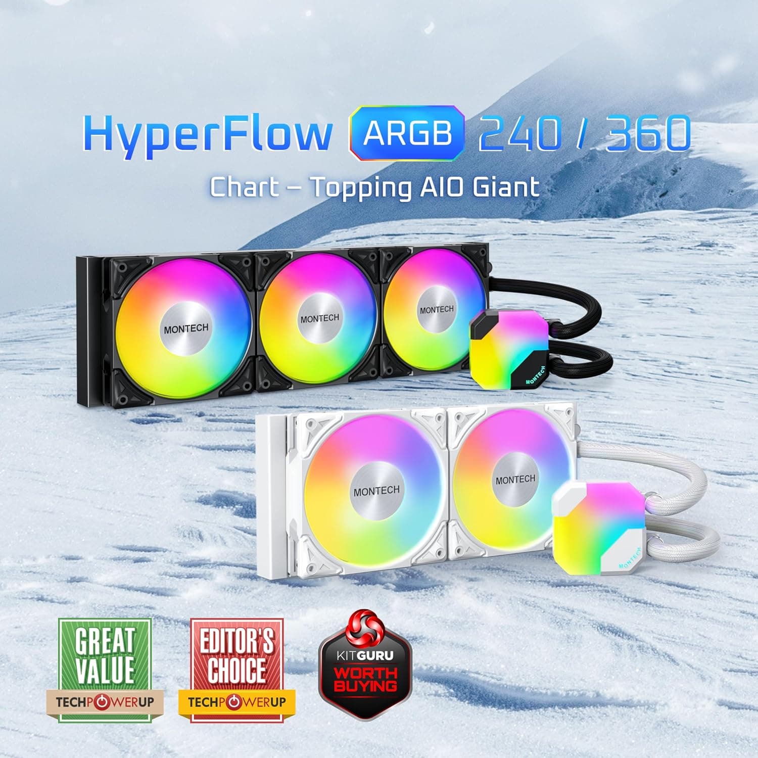 خنککننده مایع پردازنده AIO Montech HyperFlow ARGB 240 سازگار با Intel&AMD با پمپ آب 3100RPM و 3X فن Metal Pro 12 ARGB سفید خنککننده مایع پردازنده AIO Montech HyperFlow ARGB 240 سازگار با Intel&AMD با پمپ آب 3100RPM و 3X فن Metal Pro 12 ARGB سفید