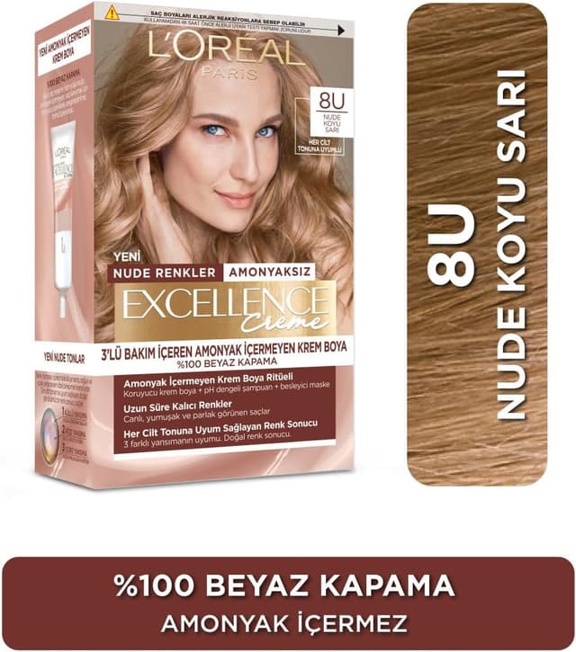 رنگ موی کرم L'Oreal Paris مدل Excellence سری Nude شماره 8U رنگ زرد تیره رنگ موی کرم L'Oreal Paris مدل Excellence سری Nude شماره 8U رنگ زرد تیره