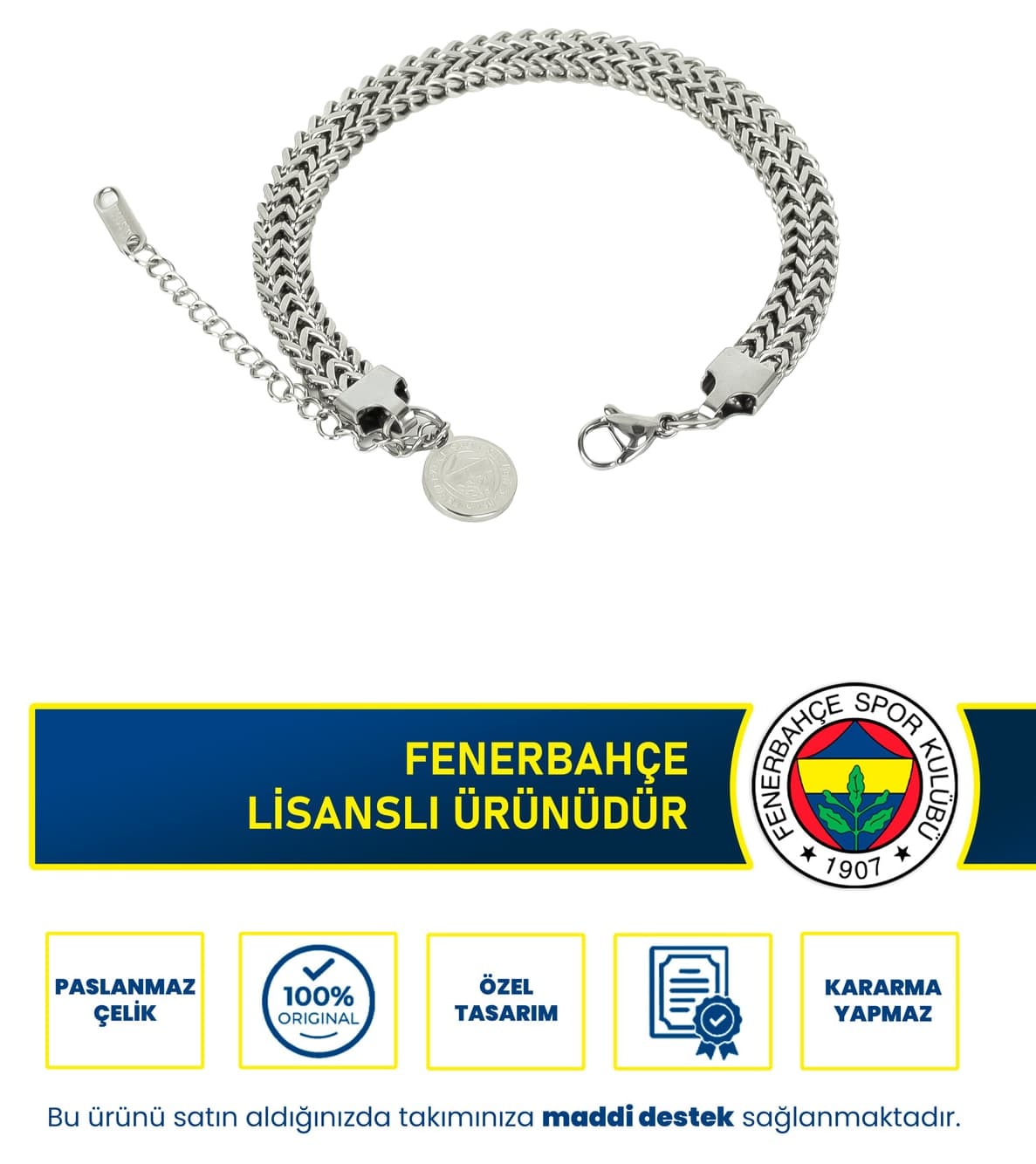 دستبند هواداری Fenerbahçe فولادی بافتدار قابل تنظیم خاکستری 19 cm دستبند هواداری Fenerbahçe فولادی بافتدار قابل تنظیم خاکستری 19 cm