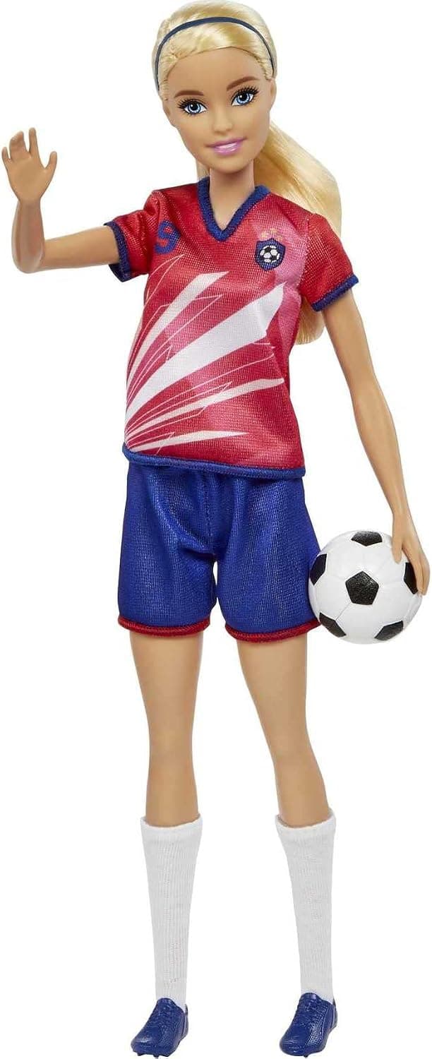عروسک فوتبالیست Barbie بلوند با لباس شماره 9، توپ فوتبال، کفش و جوراب عروسک فوتبالیست Barbie بلوند با لباس شماره 9، توپ فوتبال، کفش و جوراب