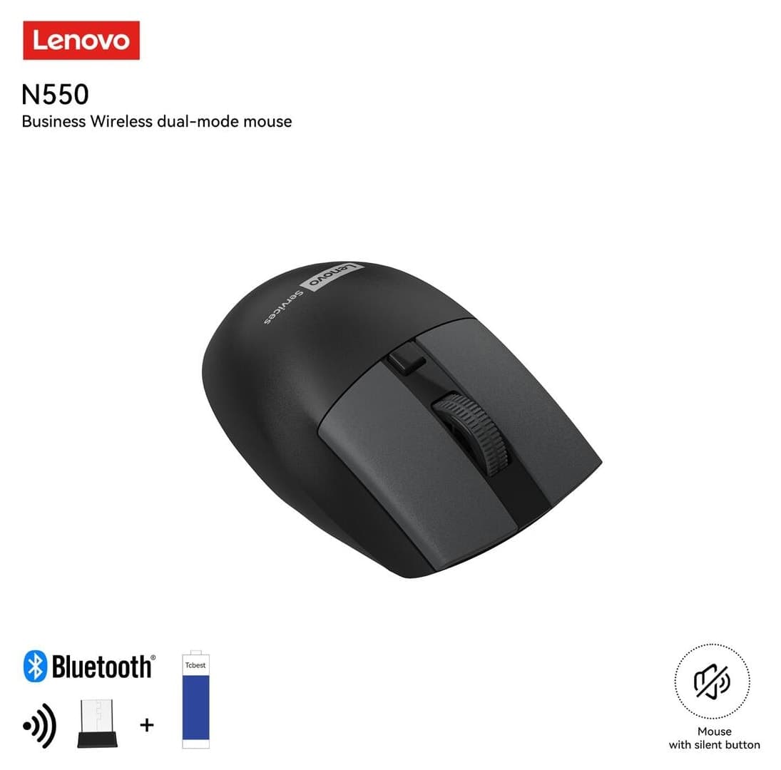 ماوس Lenovo بیسیم دو حالته Bluetooth و 2.4GHz بیصدا مشکی مدل N550 ماوس Lenovo بیسیم دو حالته Bluetooth و 2.4GHz بیصدا مشکی مدل N550