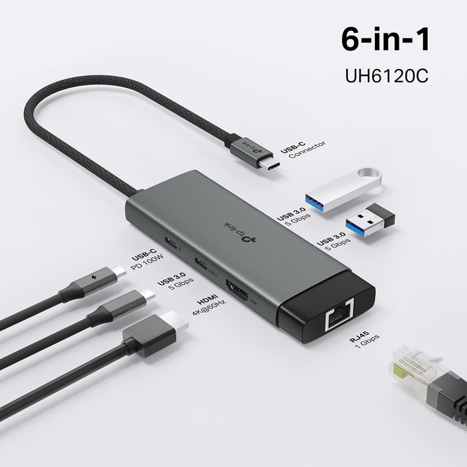 مبدل Type C به Gigabit Ethernet TP-Link مدل UH6120C با 1 پورت HDMI، 1 پورت شارژ سریع 100W، 1 USB-C و 2 USB-A 3.0 مبدل Type C به Gigabit Ethernet TP-Link مدل UH6120C با 1 پورت HDMI، 1 پورت شارژ سریع 100W، 1 USB-C و 2 USB-A 3.0