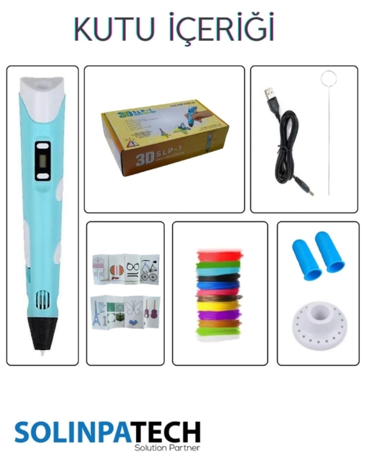 قلم سه بعدی SolinpaTech همراه فیلامنت چندرنگ به مجموع 109 متر و کابل USB قلم سه بعدی SolinpaTech همراه فیلامنت چندرنگ به مجموع 109 متر و کابل USB