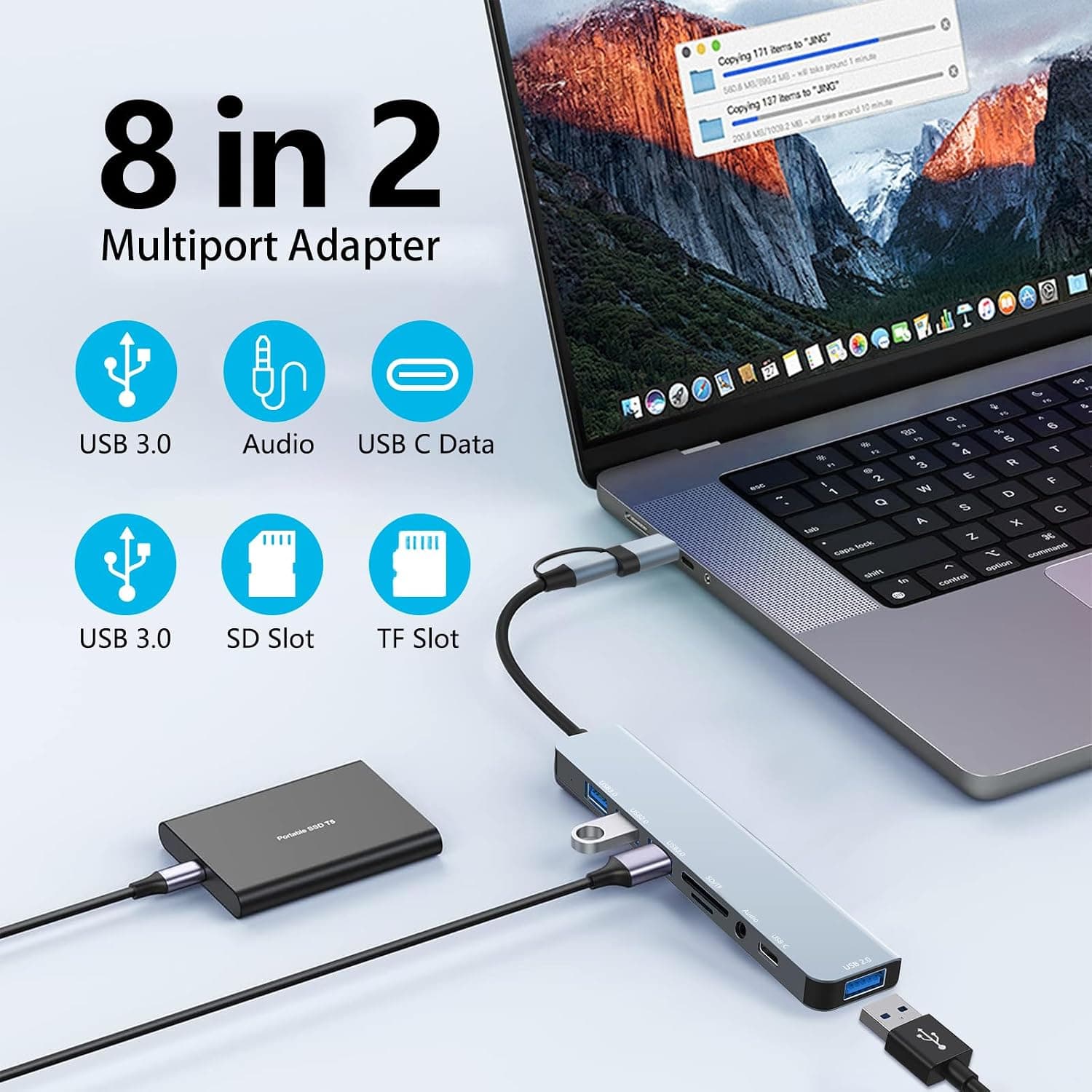 هاب USB-C 8 در 1 برای MacBook Air Loydia با درگاههای USB 3.0، 3 x USB 2.0، SD/TF و 3,5 mm هاب USB-C 8 در 1 برای MacBook Air Loydia با درگاههای USB 3.0، 3 x USB 2.0، SD/TF و 3,5 mm