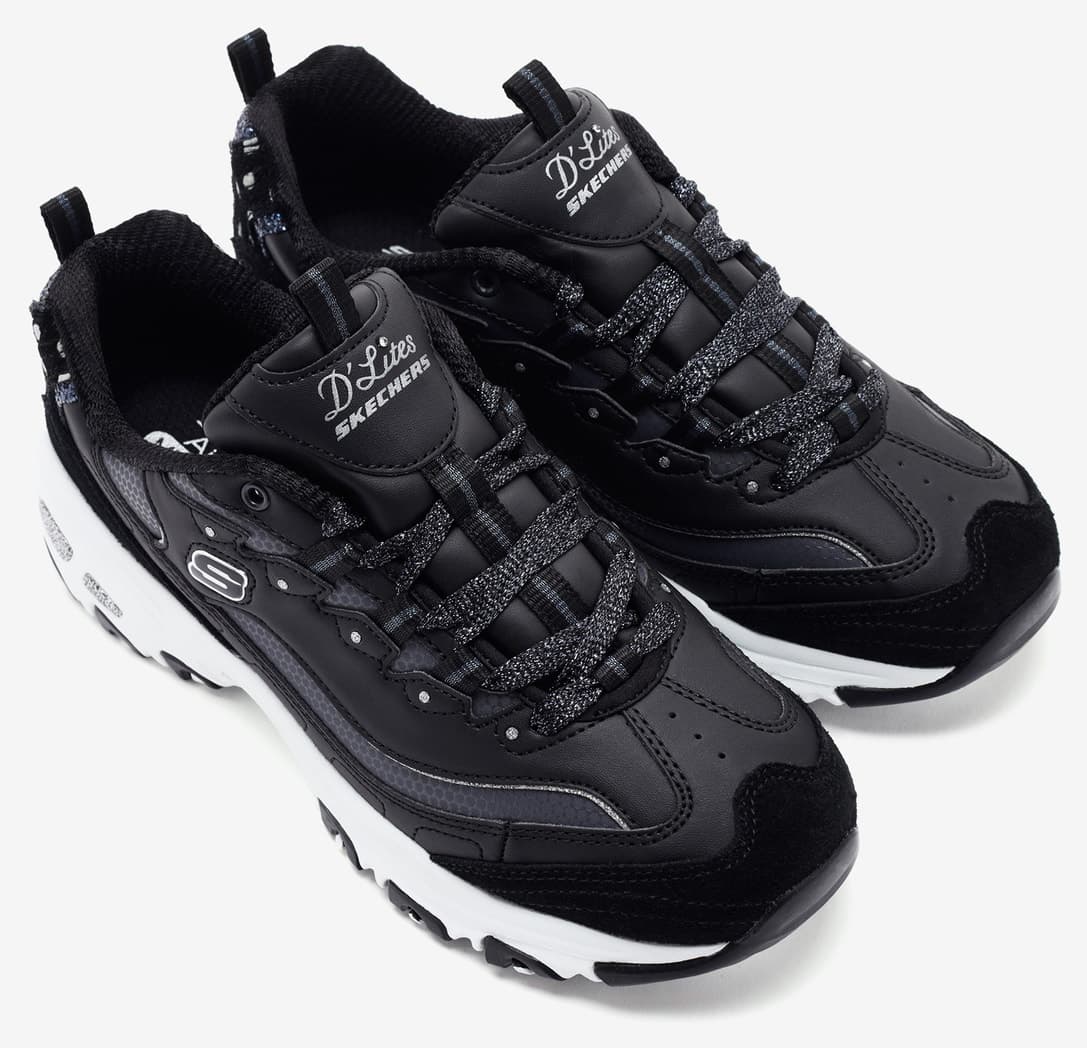 کفش اسنیکر زنانه Skechers D'Lites لوگوی چرمی جیر کف ضخیم مدل 150235 BKW کفش اسنیکر زنانه Skechers D'Lites لوگوی چرمی جیر کف ضخیم مدل 150235 BKW