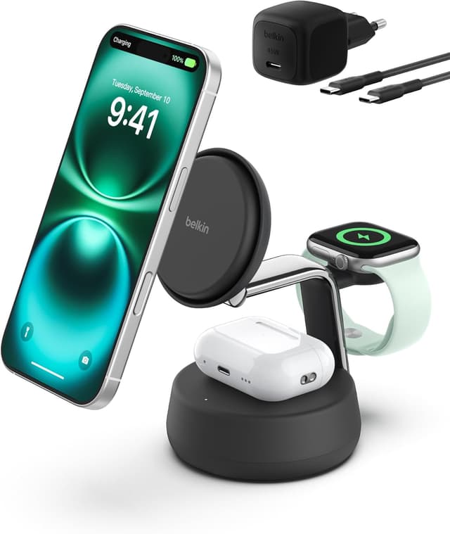 شارژر بیسیم سهدریک Belkin UltraCharge Pro با MagSafe و Qi2 25W مشکی شارژر بیسیم سهدریک Belkin UltraCharge Pro با MagSafe و Qi2 25W مشکی