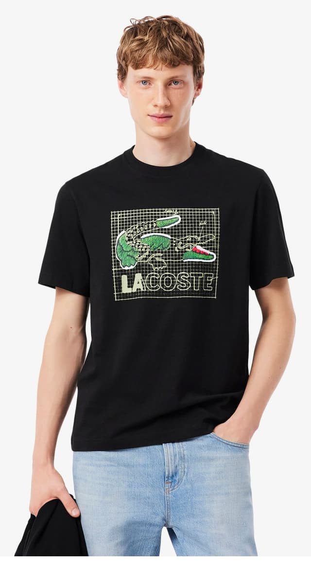 تیشرت مردانه Lacoste یقه گرد مشکی چاپی فیت کلاسیک تیشرت مردانه Lacoste یقه گرد مشکی چاپی فیت کلاسیک