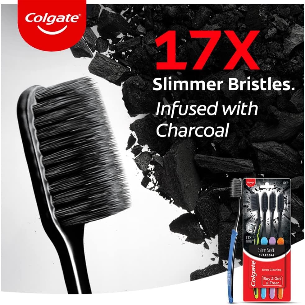مسواک زغالی Colgate Slim Soft با الیاف نوک نرم 17x باریکتر مسواک زغالی Colgate Slim Soft با الیاف نوک نرم 17x باریکتر