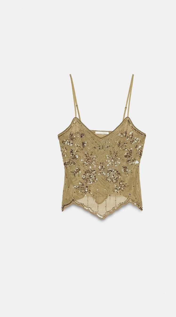 تاپ زنانه Zara بندی گلدوزیدار خاکی سایز XS تاپ زنانه Zara بندی گلدوزیدار خاکی سایز XS